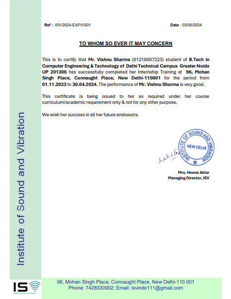 ISV Internship Certificate